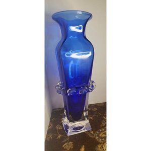 Vintage Arte Murano Cobalt Blue and Crystal Clear Glass Italian Blown Bud Vase